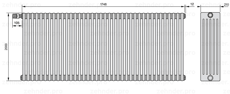 Схема (чертеж) Радиатор Zehnder Charleston 6200/38 №V012 Белый глянцевый RAL 9016